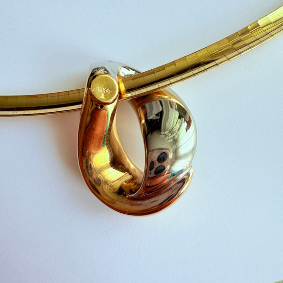 Estate 14K Yellow Gold Gooseneck Half Round Necklace Two Tone Modernist Pendant - Picture 7 of 12